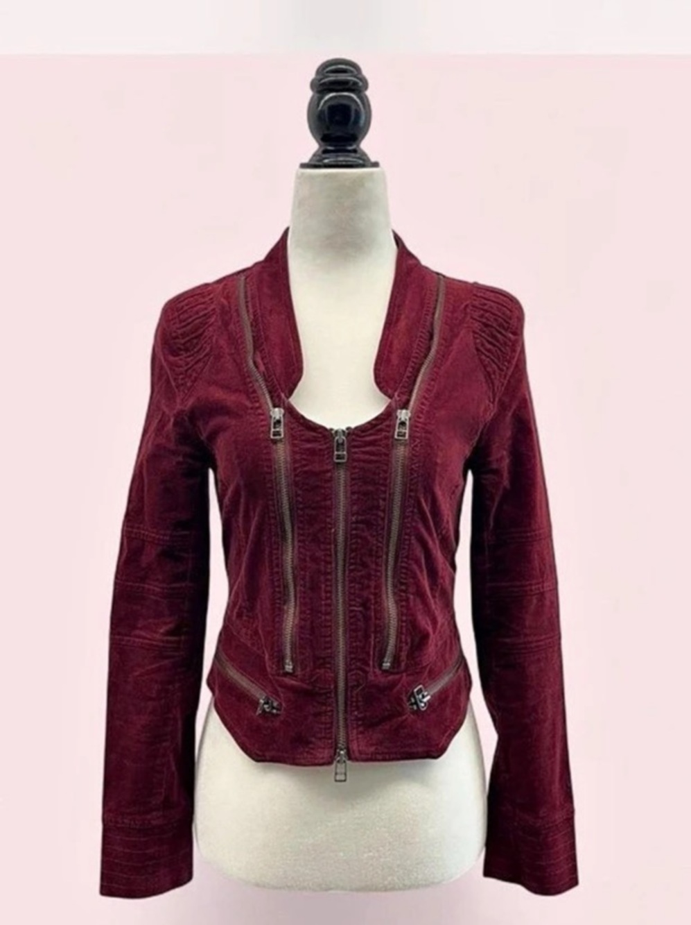 Y2K Burgundy Velveteen Moto Zip Jacket